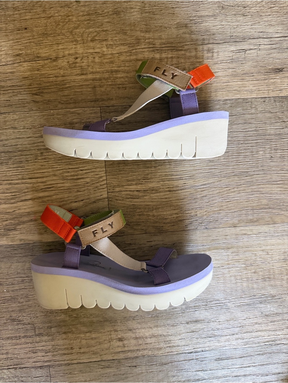 Fly London Lavender Sandals with Purple, Green and Orange Straps